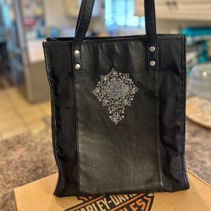 Harley Davidson Large Black Leather Logo Tote Shoulder Bag